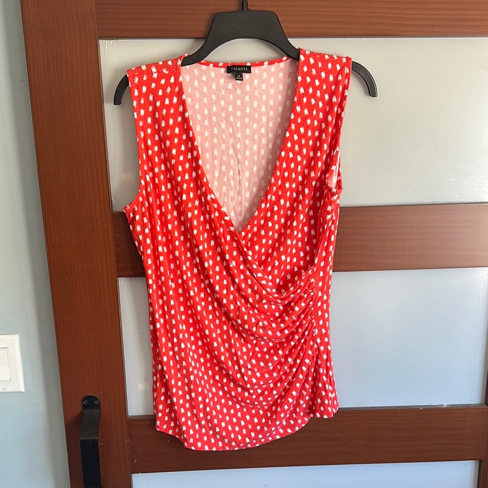 Talbots Red Wrap Blouse with Ruched Sleeveless Design
